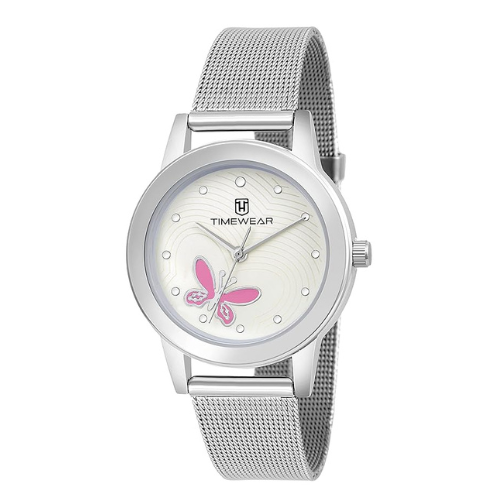 TIMEWEAR Analog Pink Butterfly Silver Dial Stainless Steel Strap Watch for Women