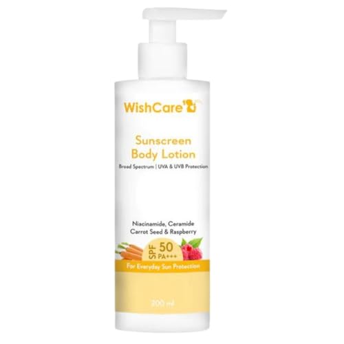WishCare SPF50 Sunscreen Body Lotion - Broad Spectrum - UVA & UVB Protection with No White Cast - With Carrot Seed & Raspberry - For Men & Women - 200 Ml