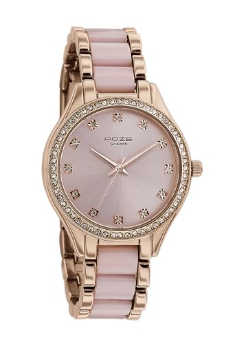 Sonata Poze Quartz Analog Pink Dial Metal & Plastic Strap Watch for Women-SP80054KD01W