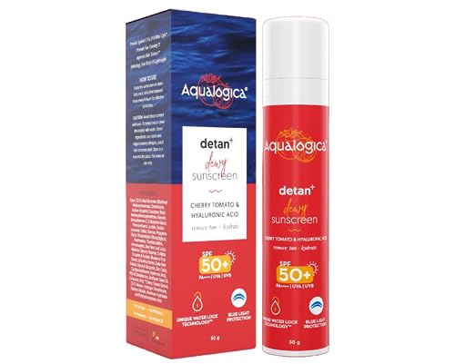 Aqualogica Detan+ Dewy Lightweight Sunscreen with SPF 50+ & PA++++ for UVA/B & Blue Light Protection | Normal, Sensitive & Dry Skin | Tan Removal & No White Cast for Men & Women - 50g
