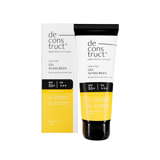 Deconstruct Face Gel Sunscreen SPF 55+ and PA+++ | Gel based sunscreen for oily skin, combination skin, normal skin | Broad spectrum sunscreen, No White Cast, Lightweight, Non greasy | Higher protection than sunscreen SPF 50 - 50g
