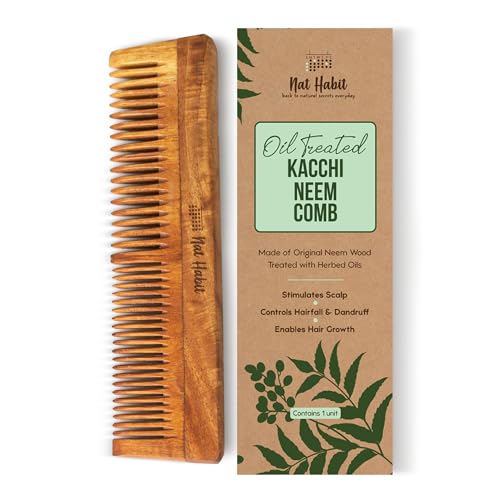 Nat Habit Kacchi Neem Wooden Comb - Soaked In 17 Herbs, Neem & Sesame Oil For Multi-Actions - Detangling, Frizz Control & Shine,Suited For All Hair Types (Dual Tooth)