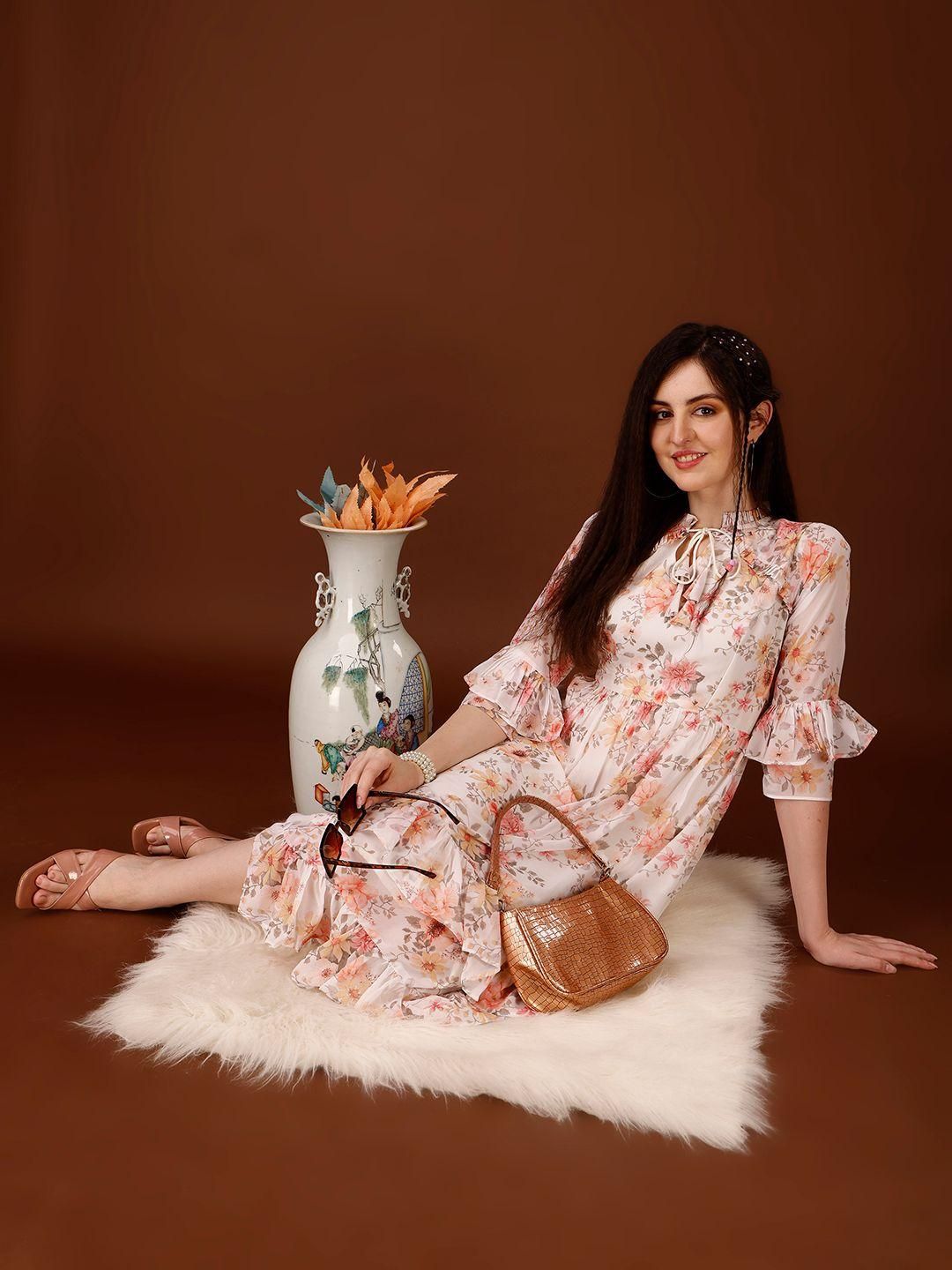 Plus Size Women's Georgette Floral Print Flared Midi Dress - Blossom Mantra