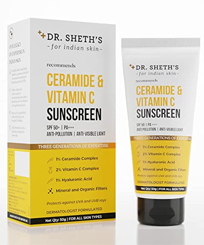 Dr. Sheth's Ceramide & Vitamin C Sunscreen SPF 50+ PA+++ | One Step Routine for Summer | Non-Greasy, Quick-Absorbing | Zero White Cast | For Women & Men | UVA UVB Sun Protection | 50 grams