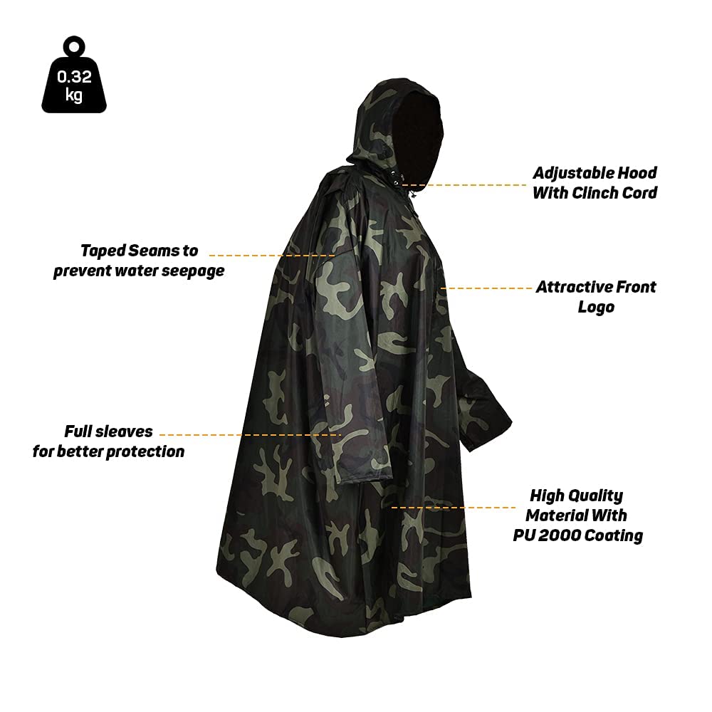 Rocksport Unisex Hooded Rain Poncho for Adult,Waterproof, Lightweight,Reusable& Packable, One Size Fits Most, Free Size(Camo)