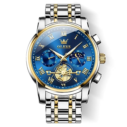 OLEVS chronograph Men's Stainless Steel Watch (Blue Dial Silver Colored Strap)