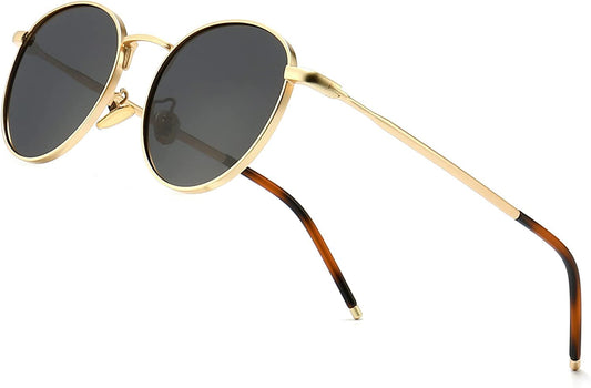 ELEGANTE Ponderable UV Protection Coating Round Non Polarized Sunglasses for Men and Women Classic Vintage Metal Sun Glasses (C1 - GOLD BLACK), Free Size