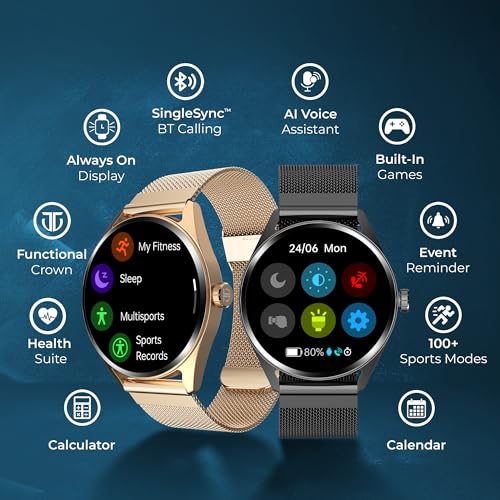Titan Crest Premium Smart Watch|1.43" AMOLED Display with AOD|466x466 Pixel Resolution|Functional Crown|SingleSync BT Calling|Advanced Chipset|100+ Sports Modes & WatchfacesIP68 Smartwatch - Blossom Mantra