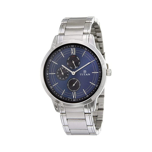 Titan Men Metal Blue Dial Analog Watch -Nr1769Sm01, Band Color-Silver