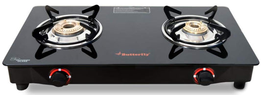 Butterfly Smart Glass Top 2 Burner Open Gas Stove (Black), Manual Ignition