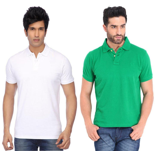 Cotton Blend Solid Half Sleeves Mens Polo Neck T-Shirt (Pack of 2)