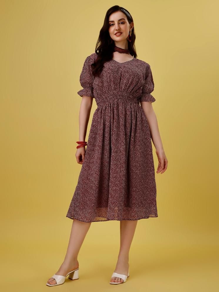 Plus Size Women's Georgette Printed Flared Midi Dress - Blossom Mantra