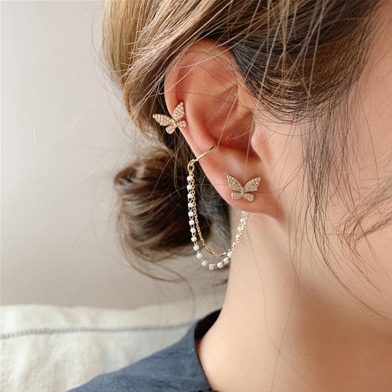 High sense of asymmetric butterfly pearl ear bone clip earrings all-in-one female super fairy tassel earrings - Blossom Mantra