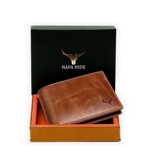 NAPA HIDE Leather Wallet for Men I Handcrafted I Credit/Debit Card Slots I 2 Currency Compartments I 2 Secret Compartments (Tan Crunch)