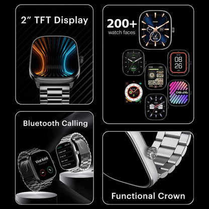 Noise New Macro Smart Watch with 2.0” HD Display,Metallic Finish BT Calling, Functional Crown, 7 Days Battery Life, Sleep Tracking, 200+ Watch Faces (Elite Black) - Blossom Mantra