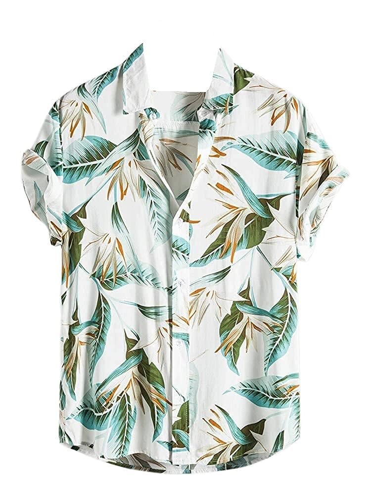 Leriya Fashion Shirt for Men | Tropical Leaf Printed Rayon Shirts for Men | Preppy Short Sleeves | Spread Collared Neck | Perfect for Outing | Camp Wear Shirt for Boys (Large, White) LF-MS-6046 - Blossom Mantra