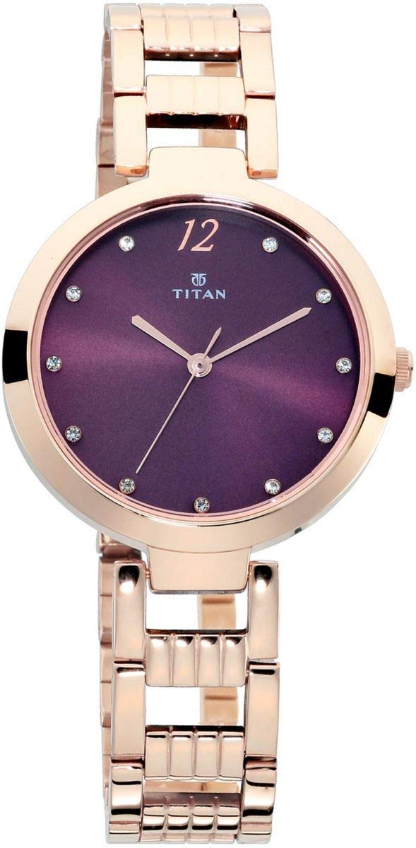 Titan Purple Fashion Basics Analog Red Dial Rose Gold Band Women's Stainless Steel Watch-NN2480WM02