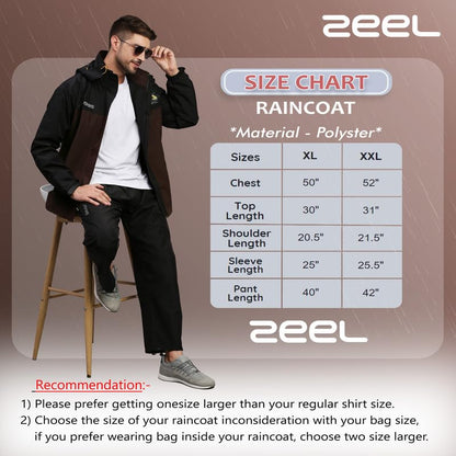 ZEEL Rain Coat for Men Waterproof for Bike Riders with Adjustable Hood along with inner pockets,Waterproof Raincoat with Polyester Jacket,Pants and Carrying Pouch,ZT5 BlackOlive XL