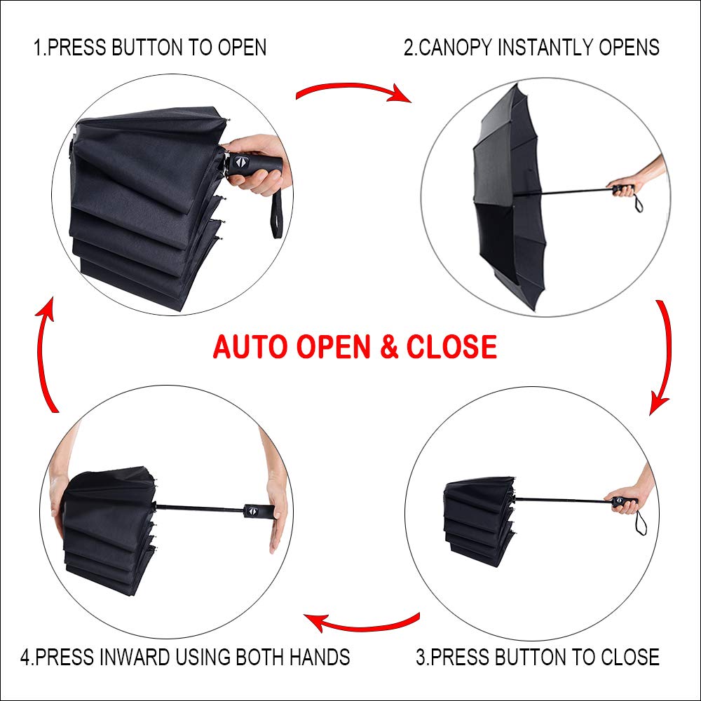 PFFY 2 PACK Compact Travel Umbrella Windproof Collapsible 10 RIBS Auto Open & Close Folding Small Umbrella Black + Blue