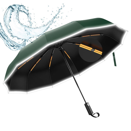 ANYCHO Big Umbrella for Men, 3 Fold with Reflective Stripe Travel Umbrella for Rain, Reinforced 12 Dual Ribs Windproof & Waterproof Folding Umbrella, Auto Open & Close Umbrella for Women (Green)