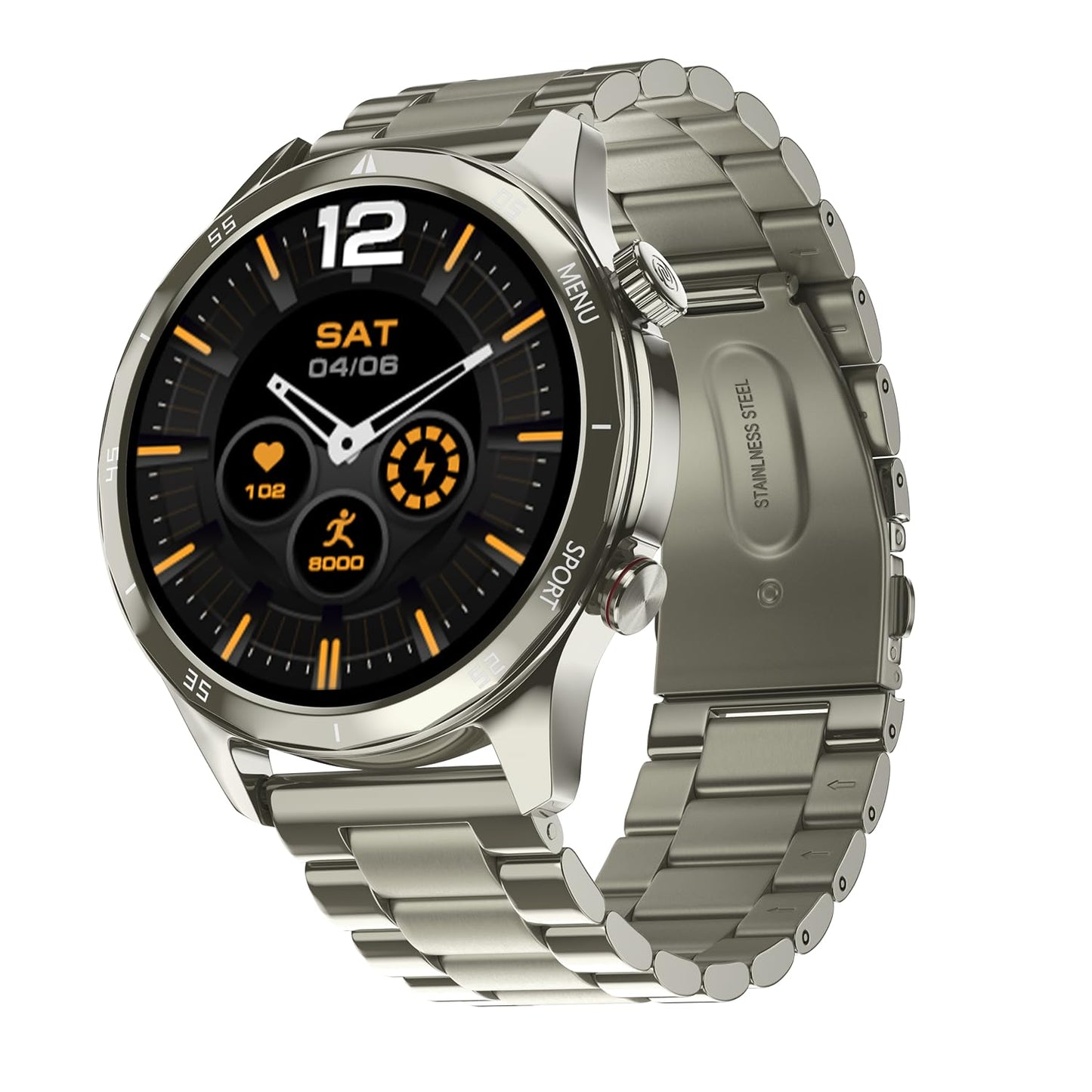 Noise Newly Launched Mettalix: 1.4" HD Display with Metallic Straps and Stainless Steel Finish, BT Calling, Functional Crown, 7 Day Battery, Smart Watch for Men and Women (Elite Nickel) - Blossom Mantra