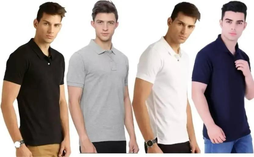 Cotton Solid Half Sleeves Mens Polo Neck T-Shirt Pack of 4 - Blossom Mantra