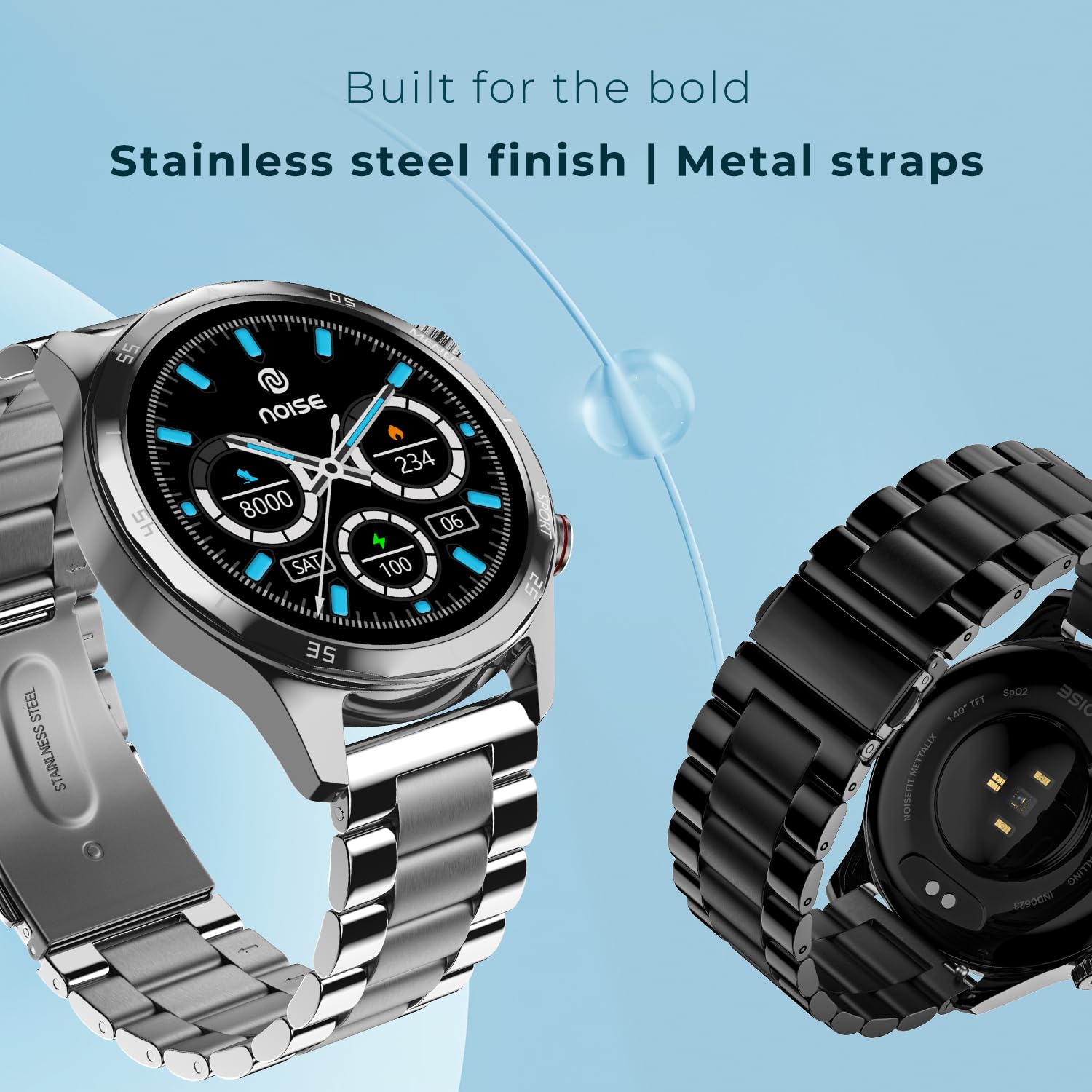 Noise Newly Launched Mettalix: 1.4" HD Display with Metallic Straps and Stainless Steel Finish, BT Calling, Functional Crown, 7 Day Battery, Smart Watch for Men and Women (Elite Nickel) - Blossom Mantra