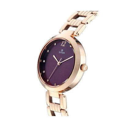 Titan Purple Fashion Basics Analog Red Dial Rose Gold Band Women's Stainless Steel Watch-NN2480WM02