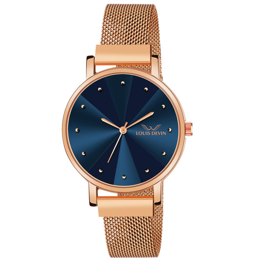 LOUIS DEVIN Rose Gold Plated Mesh Chain Analog Wrist Watch for Women (Blue Dial) | LD-RG173-BLU