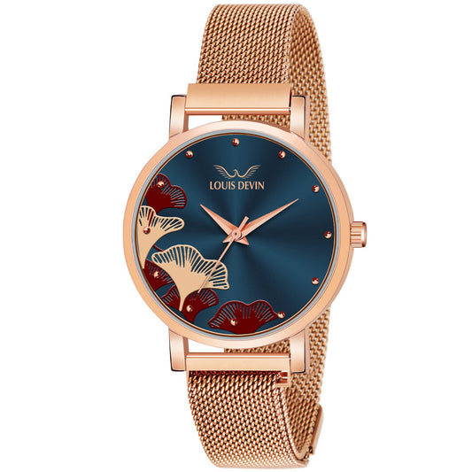 LOUIS DEVIN Rose Gold Plated Mesh Chain Analog Wrist Watch for Women (Blue Dial) | LD-RG162-BLU