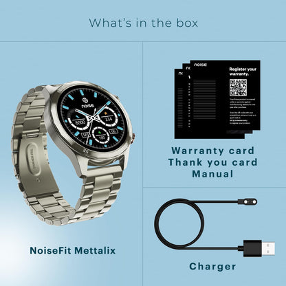Noise Newly Launched Mettalix: 1.4" HD Display with Metallic Straps and Stainless Steel Finish, BT Calling, Functional Crown, 7 Day Battery, Smart Watch for Men and Women (Elite Nickel) - Blossom Mantra