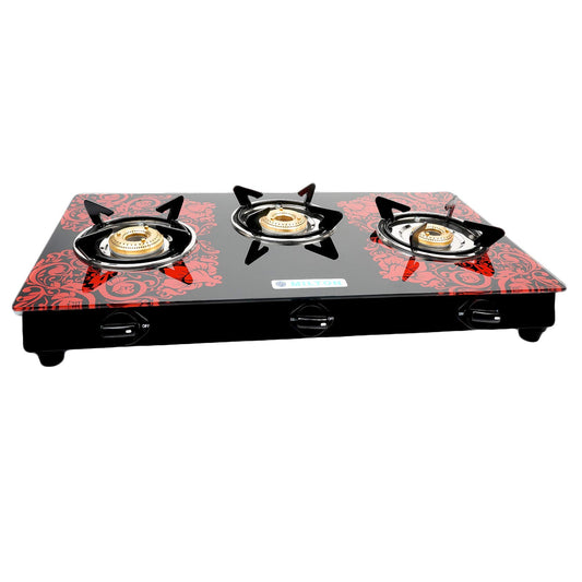 MILTON Premium Red Manual Ignition Glass Top Gas Stove,1-Year Manufacturer's Warranty (ISI Certified) (3 Burner)