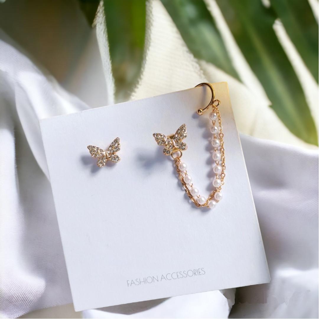 High sense of asymmetric butterfly pearl ear bone clip earrings all-in-one female super fairy tassel earrings - Blossom Mantra