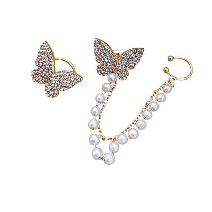 High sense of asymmetric butterfly pearl ear bone clip earrings all-in-one female super fairy tassel earrings - Blossom Mantra