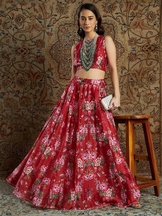 Women's Red Chanderi Floral Crop Top With Skirt
