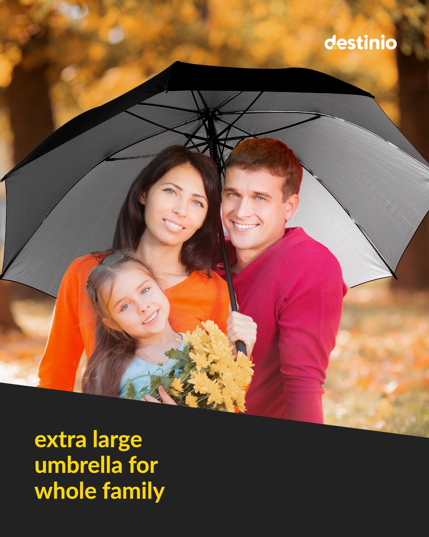 Destinio Big Umbrella - Auto Open 54 inch Umbrella for Men with UV protection - Umbrella Big Size for Rain with rain cover, Large Umbrella (Black, 1 unit) (Black 27 Inch)