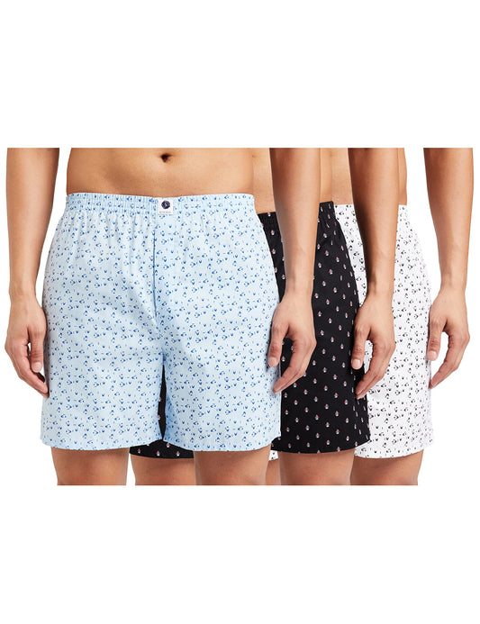 Amazon Brand - Symbol Men's Cotton Underpants Regular All Over Print Boxer Shorts (Pack of 3) (SYMDURBXPO3-15_Wht,SkyBlue,Blk_XL)