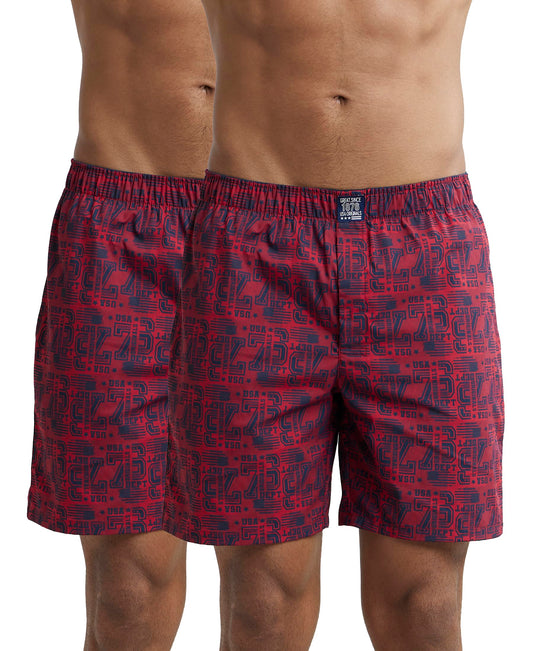 Jockey Men's Super Combed Mercerized Cotton Woven Printed Boxer Shorts with Side Pockets | Pack of 2 Colors & Prints May Vary |_Style_US57_Navy Brick Red_XL