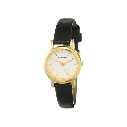 Sonata Women Leather White Dial Analog Watch-Nr8976Yl02W, Band Color-Black
